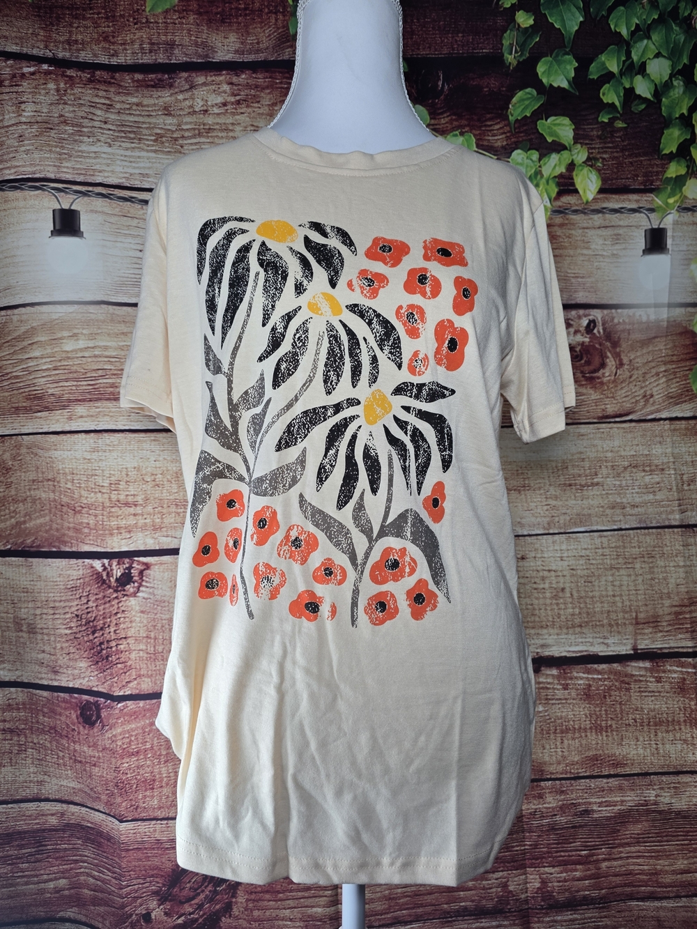 NWOT Floral Graphic Tee - Cream with Orange and Black Print